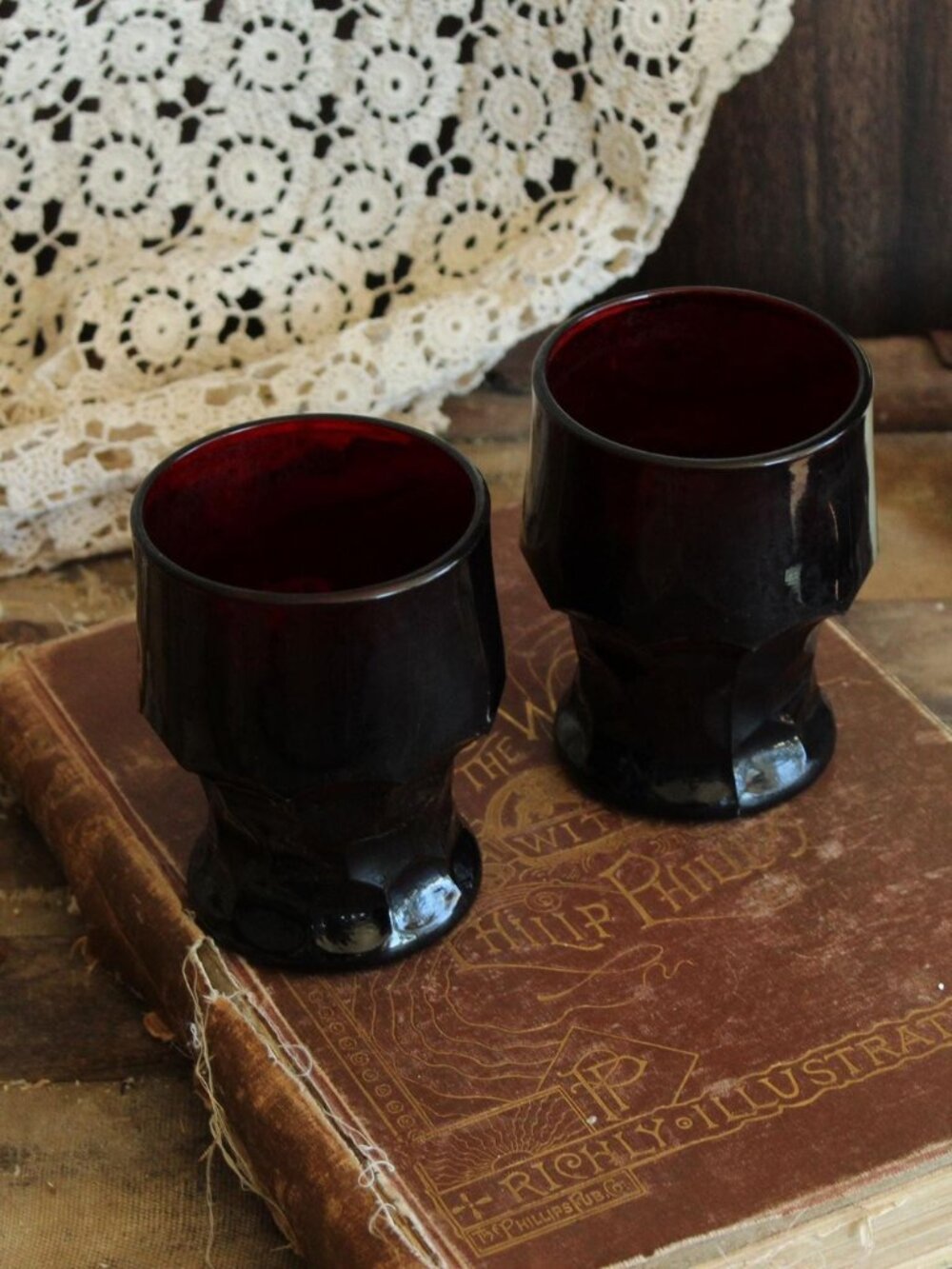 Vintage 1960s Water Glasses, Pair of 9oz. Anchor Hocking Georgian Royal Ruby Red